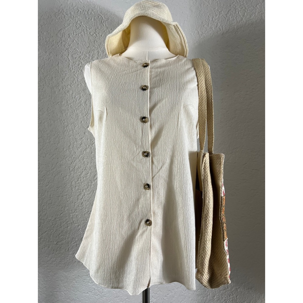 Ivory Cream Crinkle Textured Sleeveless Button Up Blouse Shell Tank Top Shirt